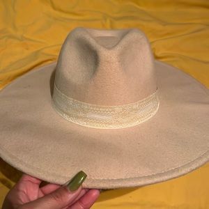 Cream Fedora with design on band. Lightly Worn!